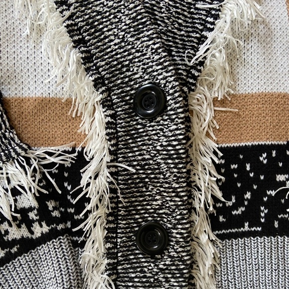 Attitudes by Renee Cardigan Sweater Fringe Black White Funky Whimsical Eclectic - Picture 2 of 9